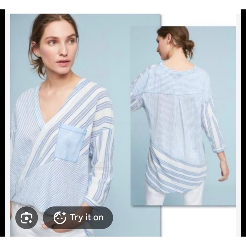 Holding Horses Anthropologie Striped Tunic Top Blue White Metallic V-Neck Medium